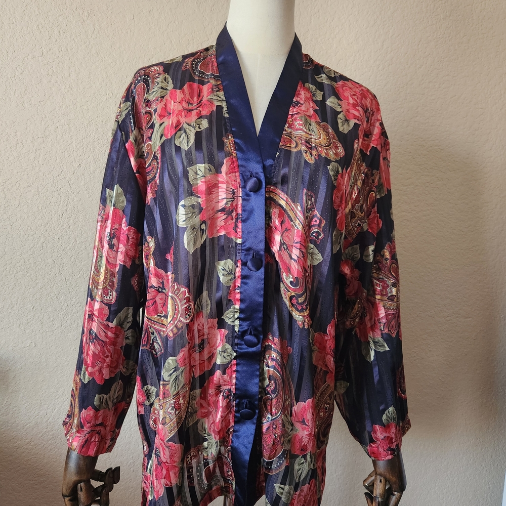Victoria's Secret Floral Satin Pajama Top - Navy and Red